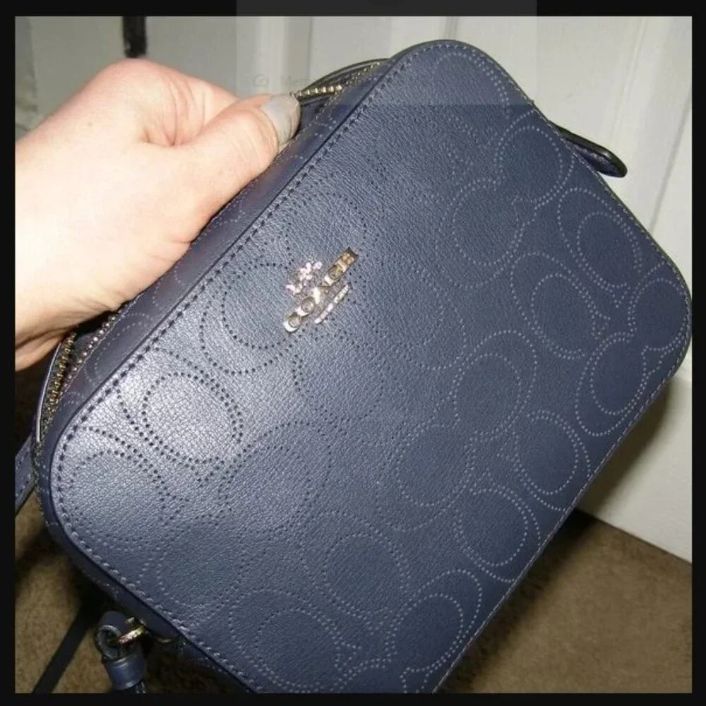 💙 NWOT Coach Navy Blue Perforated Leather Camera Bag Crossbody
